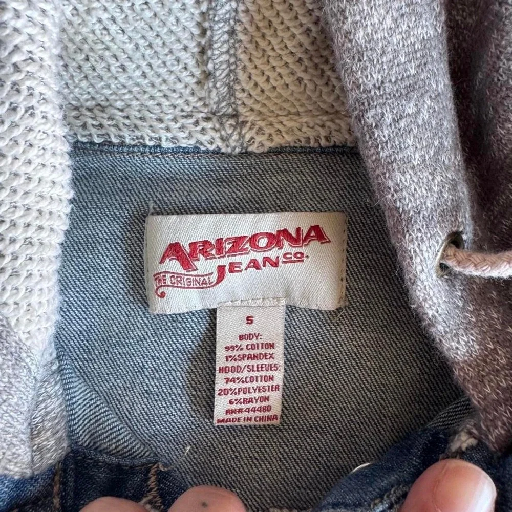 Arizona blue denim jacket with gray hoodie, size S.
